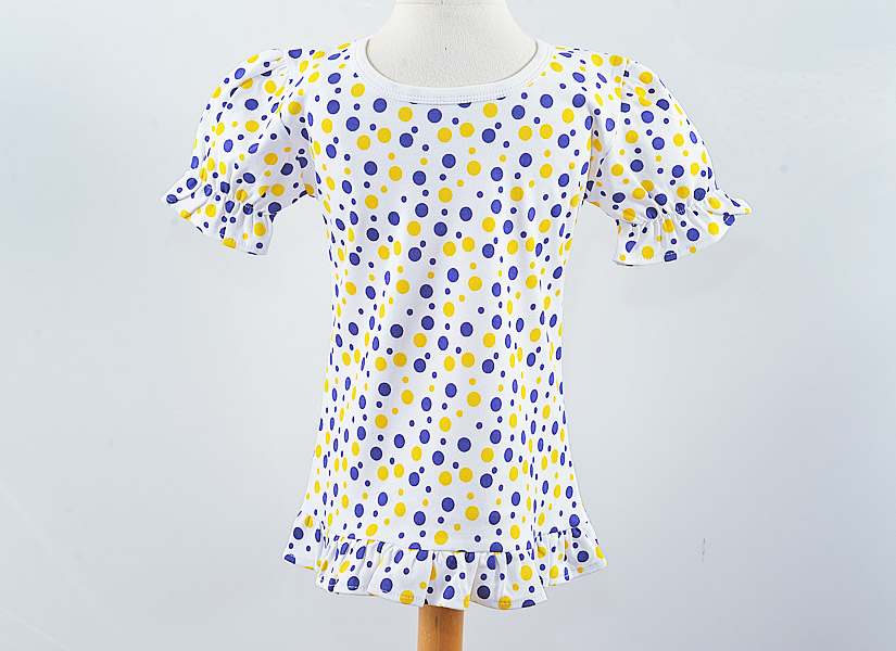 Girl Toddler Ruffled Short Puff Sleeve Shirts. Orange & Black Dots