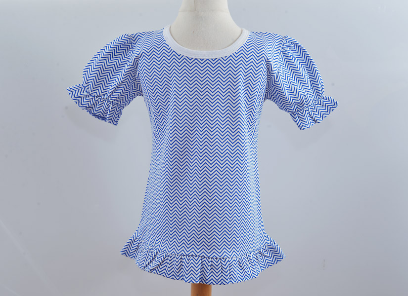 virginia blue color chevron girl short sleeve ruffles shirt