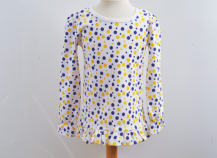 purple & gold confetti dots, toddler girl long sleeve ruffles shirt.