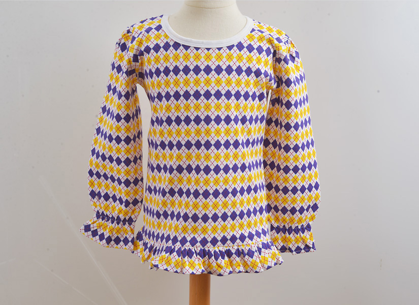 Girl Toddlers Long Sleeves Ruffles Shirt. Purple & Gold Argyle.
