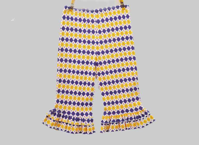Girl Toddler Double Ruffles Flare Pant. Purple & Gold Argyle Double Ruffles