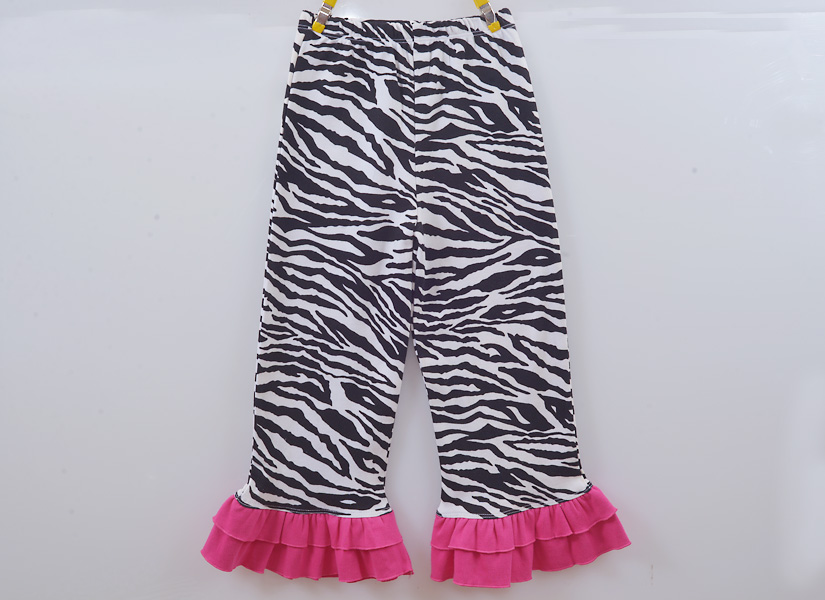 Girl Toddler Double Ruffles Flare Pant. Black Zebra with Hot Pink Ruffles