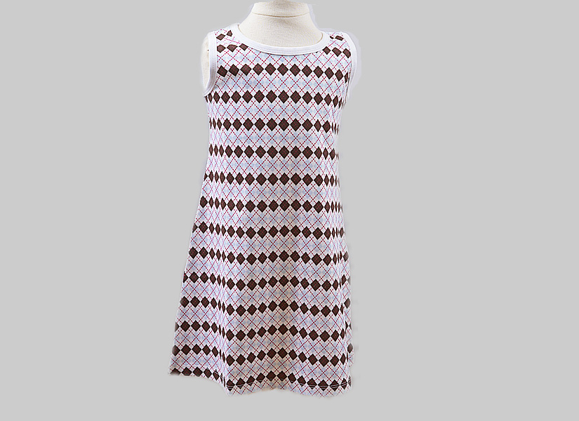 girl toddler A Line Dress, light blue and brown arygle