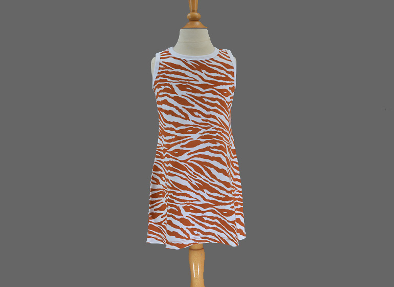 Dress Girl Toddler. Sleeveless. A-Line. Hot Green Zebra. Burnt Orange Zebra.