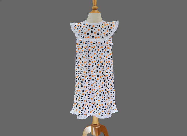 orange & black polka dot, girl sleeveless dress